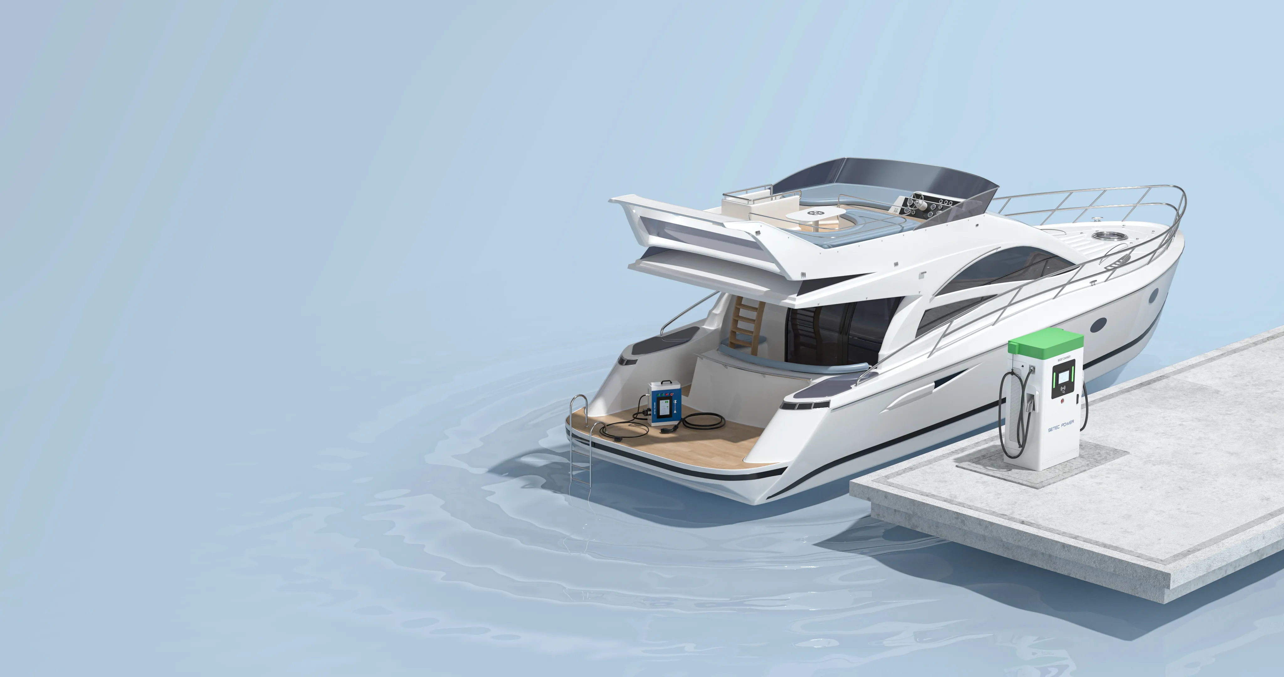 An electric yacht is charging at the dock using a marine DC charger, with a portable charger placed on board