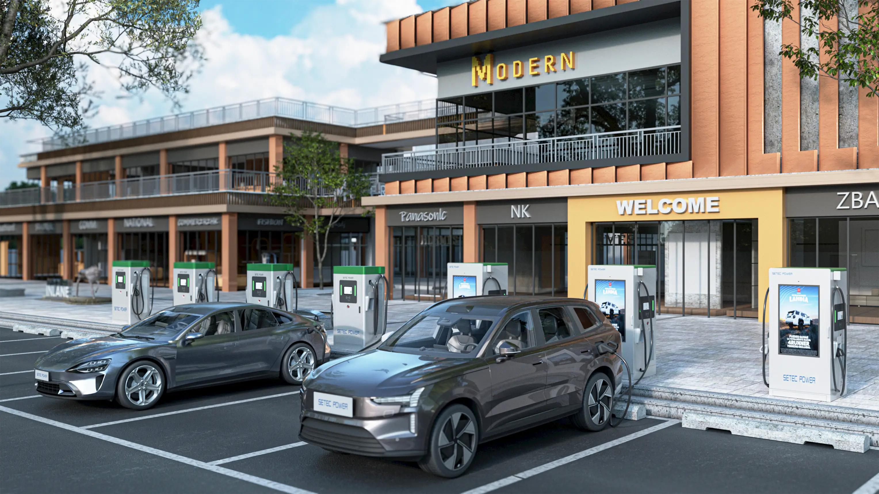 EVs charging at urban commercial area with multiple charging stations in front of modern shopping and office buildings