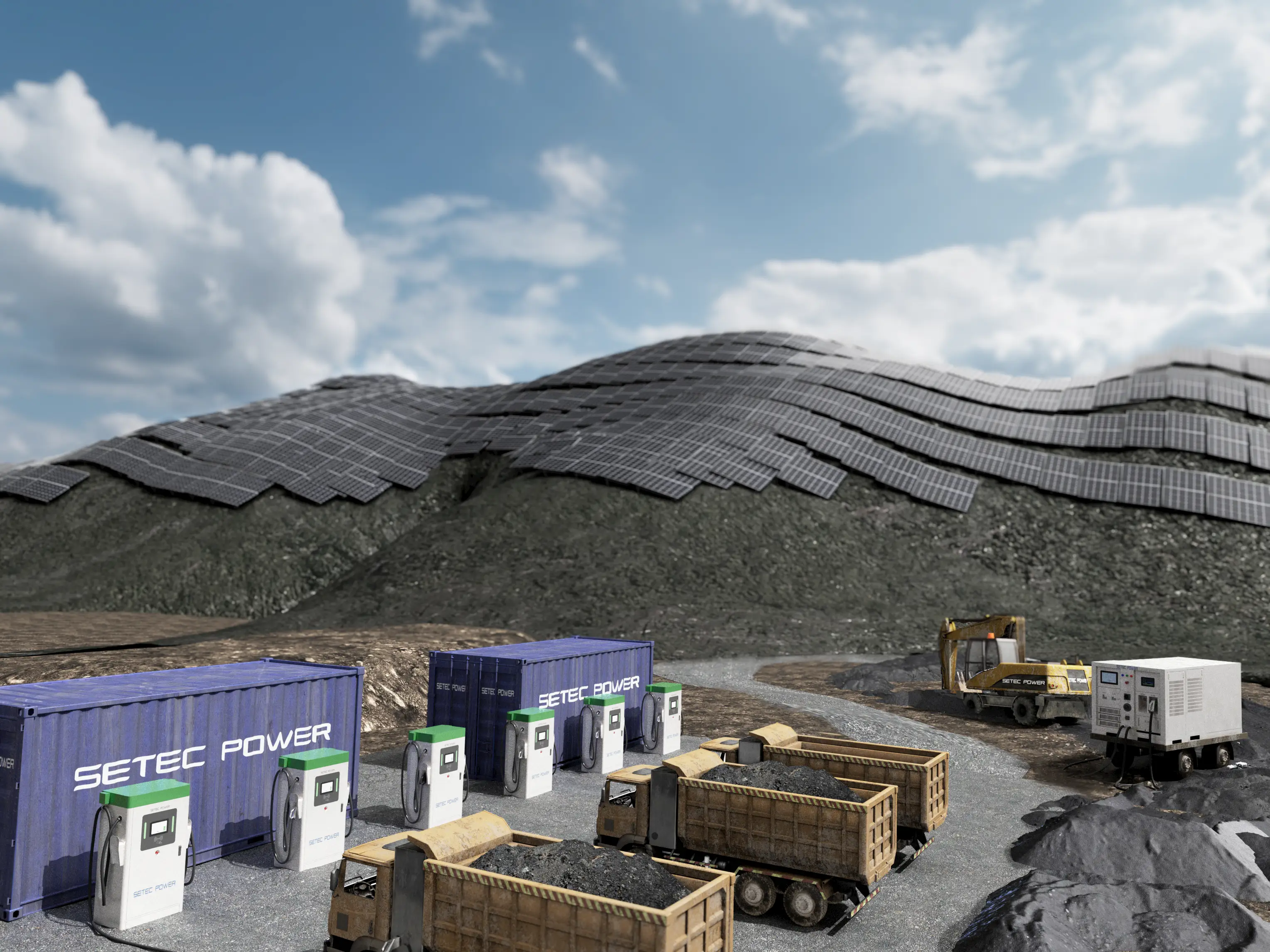 Vertical chargers power electric trucks on large construction sites, while PowerOnTheGo charges excavators in the back