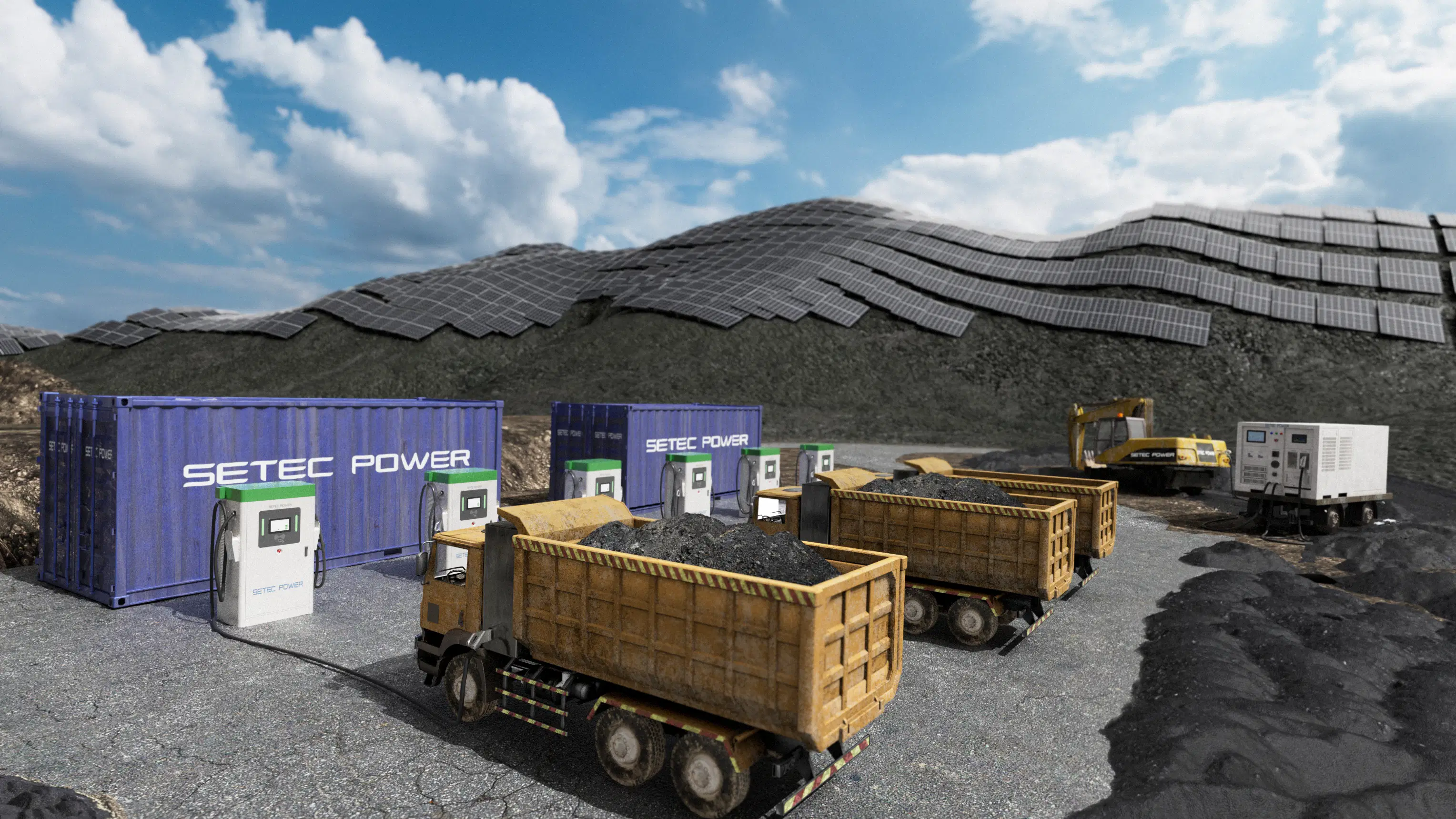 Industrial EV charging solution for electric mining trucks with DC fast chargers and containerized charging systems