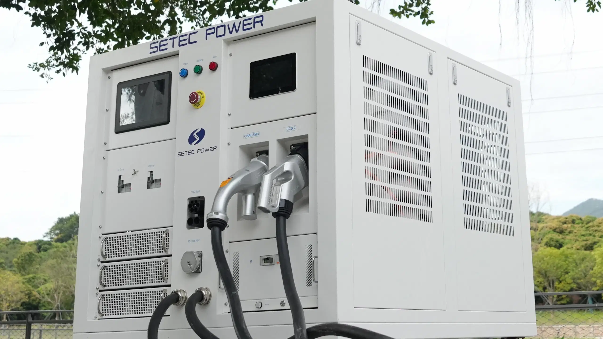 Setec Power DC fast charger featuring CHAdeMO and CCS charging connectors for electric vehicles.
