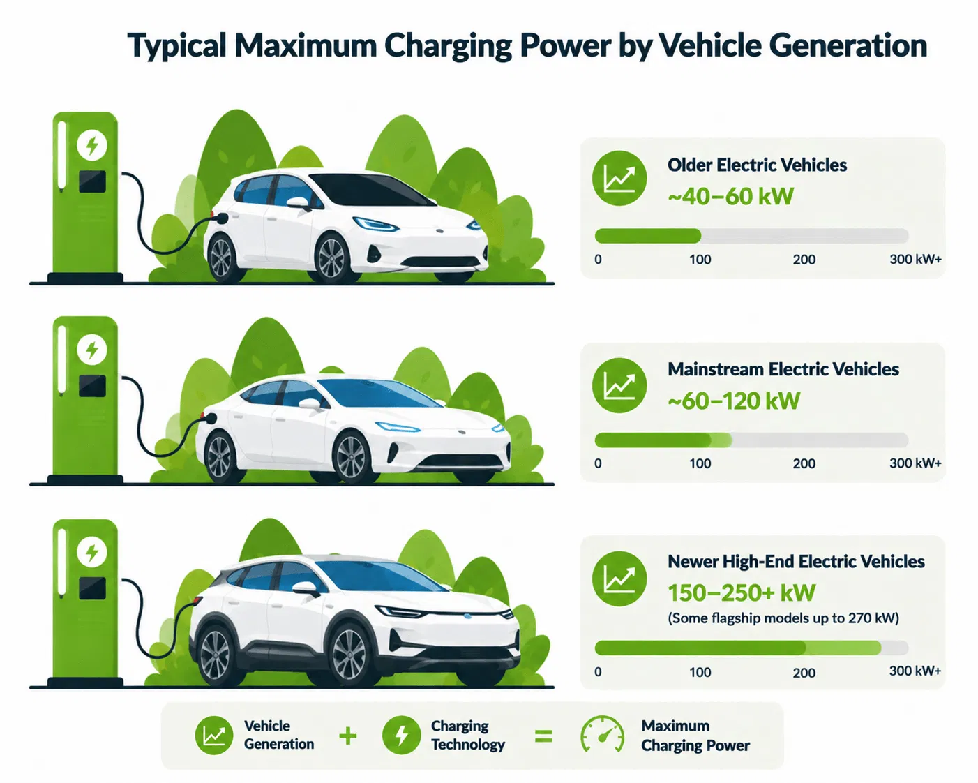 Maximum EV charging power comparison by vehicle generation from older to newer electric vehicles
