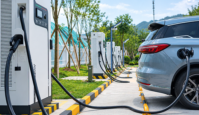 An electric car connected to a complimentary public Level 2 charging station in a commercial retail parking lot with a clear digital status screen.